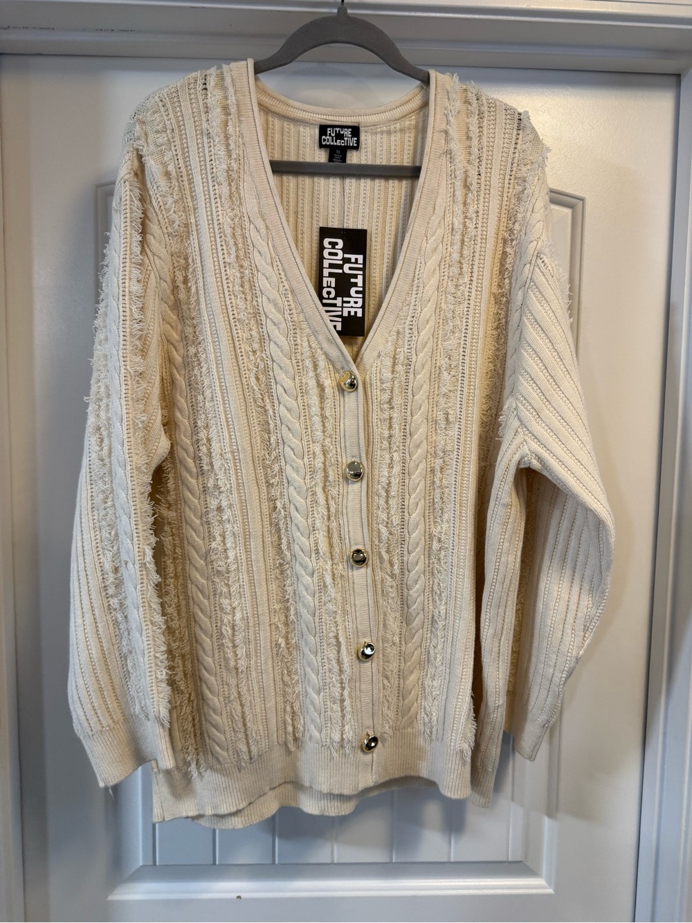 Future Collective Cream Cable-Detail Button Cardigan